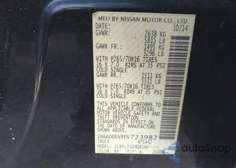 2015 Nissan Frontier Sv from USA, damaged, VIN 1N6AD0EV9FN723982